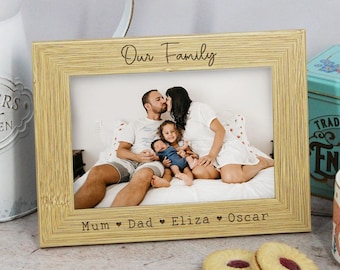 Gift for Our Family 'Our Family' Photograph Frame Personalised with Mum, Dad & Children's Names Wooden Picture Frame, Family Photo Frame