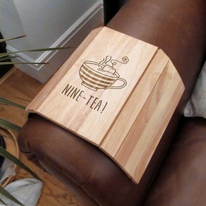 Engraved Sofa Tray, &quot;NINE-TEA&quot; Design, Wooden Flexible Sofa Arm Tray, Dad 90th Birthday Gifts for Men, Him, Ninetieth Grandad, Tea Lover