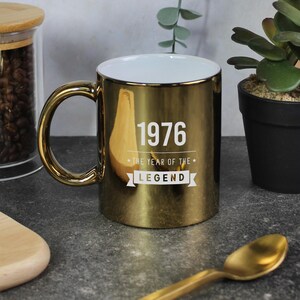 Gold Metallic Coffee Mug Cup, Engraved 1976 Year of The Legend, 50th Birthday Gifts for Men, Him, Fiftieth Gift for Dad, Ceramic 350ml Mug