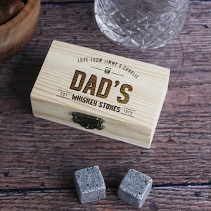 Whiskey Stones In A Personalised Wooden Box - 8 Reusable Stone Ice Cubes - Father&#39;s Day Gift for, Husband, Grandad, Whiskey Lover Gifts