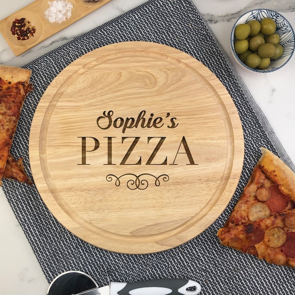 Personalised Pizza Board, Round 30cm Wooden Pizzeria Serving Platter, Centrepiece Display, Gift For New Home, Birthday, Pizza Lover Present