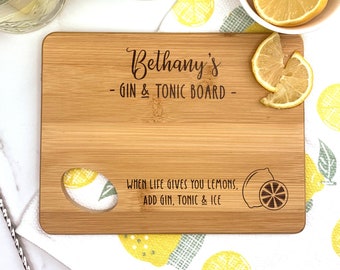 Personalised Gin and Tonic G & T Lemon / Lime Cutting Chopping Board.  Small Gin Serving Bar Board.  When life gives you lemons add G and T