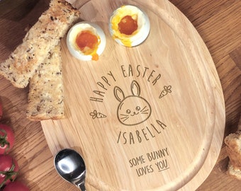 Personalized Easter Bunny Egg Cup & Toast Board, Personalised Easter Gift, Egg Shaped Toast Board, Some Bunny Loves You! Happy Easter