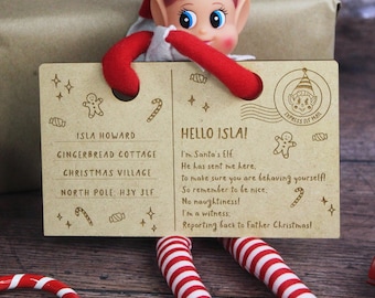 Elf Arrival Postcard, Wooden Christmas Postcard, Personalised Elf Return Letter, Elf Stamp, Welcome Back Elf Mail, Girl Boy Elf Option