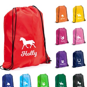 Sac à cordon personnalisé avec nom et silhouette de cheval pour amoureux des chevaux, sac pour la rentrée équestre, sac pour leçon d'équitation, nom personnalisé