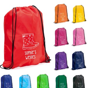Kids Personalised Welly Boot Bag Unisex Custom Name Drawstring Kit Bag Children's Wellies Boot Bag Girls Boys Welly Bag Nursery Rucksack