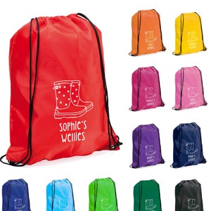 Sac personnalisé pour bottes en caoutchouc pour enfants, unisexe avec nom personnalisé, kit de cordon de serrage, sac pour bottes en caoutchouc Wellies pour enfants, sacs en caoutchouc pour filles et garçons, sac à dos pour chambre d'enfant