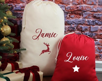 Personalised Christmas Santa Sack, Gift Bag Present Bag Personalized Present Sacks Large Cotton Xmas Stocking Family and Pet Christmas Sack