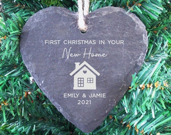 Personalised First Christmas in New Home Bauble | Slate Heart Christmas Tree Decoration | Keepsake Housewarming Gift | 1st Home