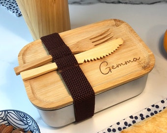 Bamboo Eco Friendly Metal Lunch Box, Personalised Laser Engraved with Your Name Back To School / College, Wooden Utensils