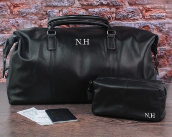 Personalised Men’s Weekend Bag & Wash Bag Set, Black or Tan Brown PU Leather Toiletry Travel Set, Any Initials, Large Holdall Duffle Bag Set