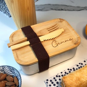 Bamboo Eco Friendly Metal Lunch Box, Personalised Laser Engraved with Your Name Back To School / College, Wooden Utensils