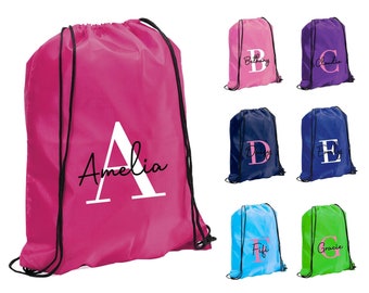 Personalised Initial & Name Back to School Drawstring Rucksack Bag. Kids Name on a PE Bag Swimming Bag Gym Bag Afterschool Club Bag