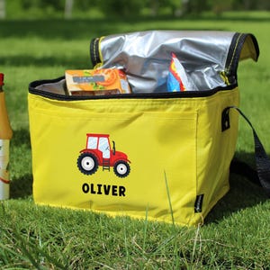 Personalised Kids Tractor Lunch Bag, Custom Name Insulated Cooler Box, Yellow Boys Lunch Bag for School, Nursery, Picnic, Farm Theme Cooler