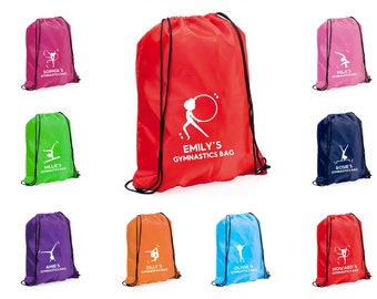Personalised Gymnastics Bag, Children's Dance Bag, Unisex Uniform Gym Kit, Named Kid's Nylon Drawstring Backpack - 20 Poses To Choose From
