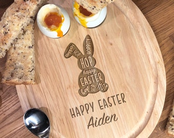 Hip Hop Bunny Personalised Egg Shaped Breakfast Board, Engraved Wooden Egg Cup Perfect for Dippy Egg and Toast Soldiers Easter Gift