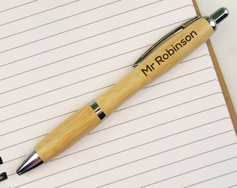 Personalised Bamboo Wooden Pen Eco Friendly Ballpoint With Blue Ink Promotional Gift, Thank You Gift, Teacher Gift Corporate Business Gift