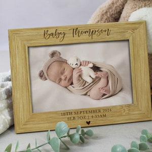 Personalised Baby Photo Frame, Newborn New Baby Picture Frame, Custom Engraved Birth Info, Baby Arrival Keepsake Gift, Wooden 4x6 Photograph