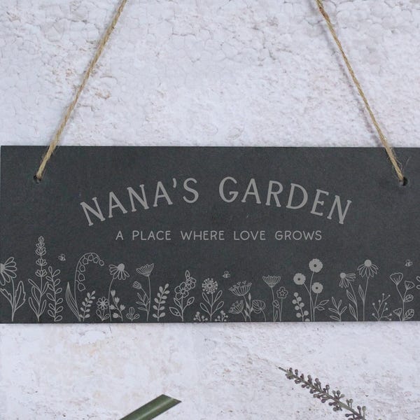 Garden Sign, Personalised Floral Slate Hanging Plaque, A Place Where Love Grows, Gardening Lover Gift, Birthday Gift for Grandma & Grandad