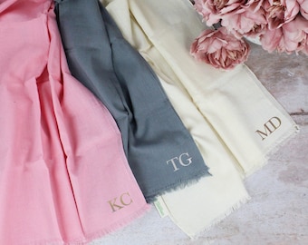 Organic Cotton Scarf, Personalised Fringe Scarves, Initials Monogram Scarf, Pastel Scarf, Mother's Day Gift, Spring Cosy Scarf FREE BAG