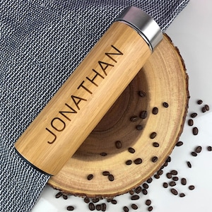 Bamboo insulated travel flask, eco drinks bottle, personalised with name, hot or cold for coffee, tea, water, 500ml, Outdoors Gift for Him