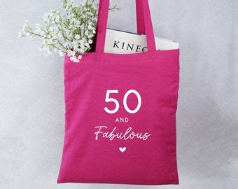 Pink Tote Bag, 50 & Fabulous Milestone Birthday Cotton Shoulder Bag, 50th Birthday Gift for Her, Sister, Mum, Friend, Auntie, 50th Gift Bag