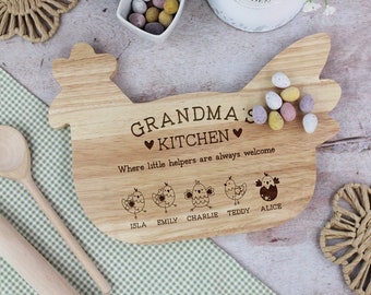 Chicken Shaped Personalised Grandma’s Kitchen Board, Grandma Mother's Day Gift, Where Little Helps Are Always Welcome, Chicken Family Icons