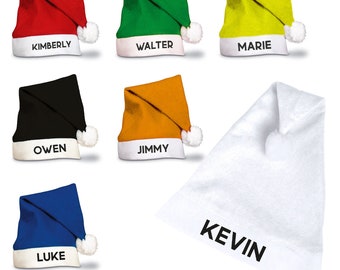 May include: Set of ten personalized Santa hats in various colors, including red, green, yellow, black, orange, blue, and white. Each hat features a white pom-pom and a name written in black on the brim. The names are Kimberly, Walter, Marie, Owen, Jimmy, Luke, and Kevin.