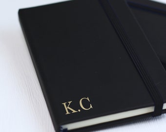 Initial Notebook with Lined White Paper Pages, Black Personalised A5 Note Book, Desk, Office Stationary with Gold  Custom Initials