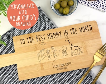 Your Childs Family Drawing Engraved and Personalised on a Wooden Paddle Chopping Board, Christmas Gift for Mum, Dad, Grandma, Grandad