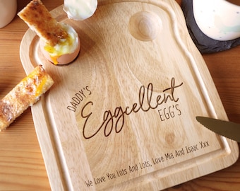 Daddy's Egg-cellent Eggs, Personalised Wood Toast Shaped Egg Cup Breakfast Serving Board Plate, Dad Easter Gift, Father's Day Gift for Daddy