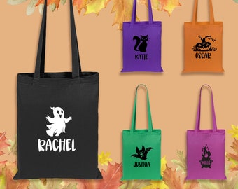 Bolsa personalizada de truco o trato de Halloween, bolsa de dulces para niños, bolsa de mano de golosinas, regalo de Halloween para niños, nombre personalizado con icono de Halloween