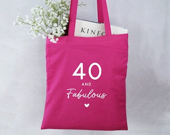 Pink Tote Bag, 40 & Fabulous Milestone Birthday Cotton Shoulder Bag, 40th Birthday Gift for Her, Sister, Auntie, Friend, Mum, Wife, Daughter