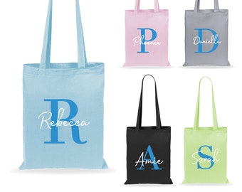 Personalised Initial & Name Tote Bag, Children's Cotton Shopper Bag, Unisex Kids Name Swimming Gym Bags Back to School, Party Goodie Bag