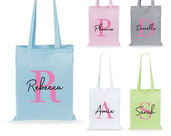 Personalised Initial & Name Tote Bag, Children's Cotton Shopper Bag, Kids Name Swimming Gym Bags Back to School, Party Goodie Bag