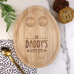 Daddy&#39;s, Mummy&#39;s, Grandma&#39;s Grandad&#39;s etc. Dippy Eggs, Egg Shaped Personalised Wooden Breakfast Board, Egg & Soldiers, 5 years Wood Gift