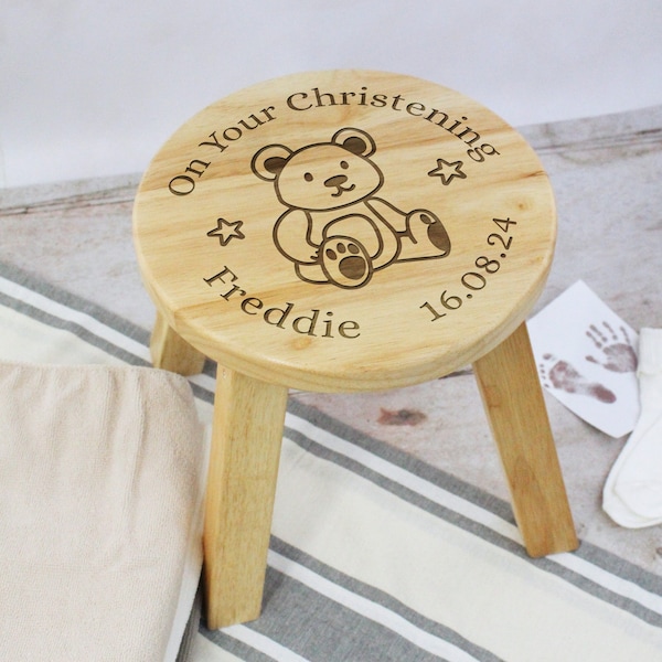 Tabouret en bois personnalisé pour enfant sur votre chaise de baptême Prénom et date Cadeau de baptême pour bébé pour fille, fils filleul, filleule filleul