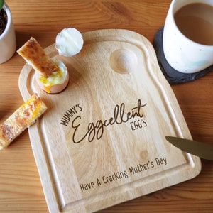 Personalised Dippy Egg Board, Mummy's Egg-cellent Eggs, Wood Toast Shaped Egg Cup Breakfast Serving Plate Mother's Day, Easter Gift for Mum