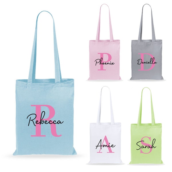 Personalised Initial & Name Tote Bag, Children's Cotton Shopper Bag, Kids Name Swimming Gym Bags Back to School, Party Goodie Bag