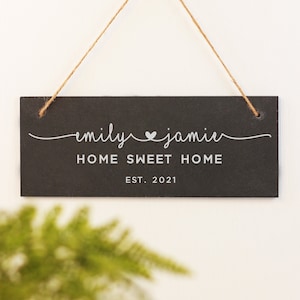 Personalised Hanging Slate Wall / Door Sign, Family New Home Plaque, Home Sweet Home, Engraved Housewarming Gift for Couple