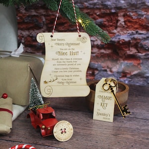 Paquete navideño personalizado, kit tradicional de Nochebuena, carta de Papá Noel con la lista de los buenos deseos, llave mágica de Papá Noel, botón perdido de Papá Noel