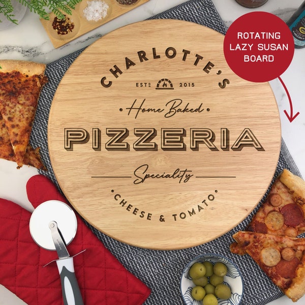 Lazy Susan Personalised Home Baked Pizza Serving Board, Large Pizzeria Board, Rotating Food Platter Display, Engraved With Your Speciality