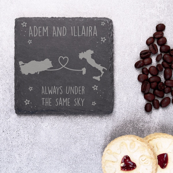 Long Distance Relationship Gift, Personalised 'Always Under The Same Sky' Square Slate Coaster, Valentine's Day for Him / Her - Any Country