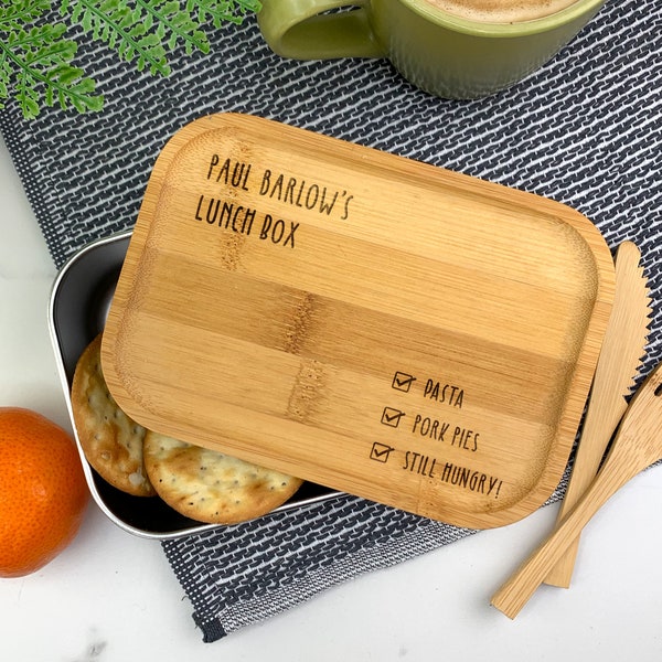 Personalised Metal Lunch Box Wooden Bamboo Eco Friendly Box, Check List Laser Engraved Back To School College Kids Travel, Bamboo Utensils