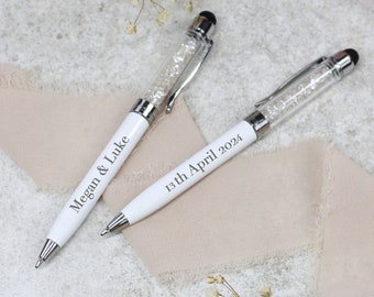 Personalised Custom Engraved Blue Ink White & Silver Wedding Signing Ballpoint Pen | Premium Signature Marriage Pen, Presentation Box Option