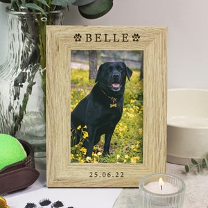 Może przedstawiać: Drewniana ramka na zdjęcia z jasnobrązowym wykończeniem. Ramka ma wzór łapki i wygrawerowane imię "BELLE". W ramce znajduje się zdjęcie czarnego labradora retrievera siedzącego na polu z żółtymi kwiatami. Data "25.06.22" jest wygrawerowana na dole ramki.