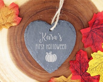 Personalised First Halloween Decoration, Engraved Slate Hanging Heart Ornament for Baby, Babies 1st Halloween 2023, Pumpkin Halloween Decor