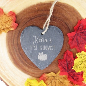 Personalised First Halloween Decoration, Engraved Slate Hanging Heart Ornament for Baby, Babies 1st Halloween 2023, Pumpkin Halloween Decor