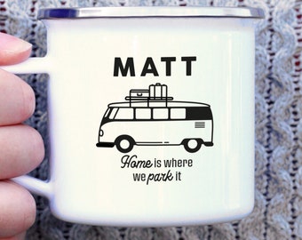 Personalised Campervan Mug, 13oz Enamel Camp Coffee Mug, Custom Camping Mug For Couples, Vanlife Gift, Accessories, Camper Van Couple