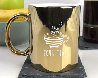 Taza de café dorada metálica brillante grabada con diseño "FOUR-TEA", regalos de cumpleaños número 40 para hermano para hombres, él, cuadragésimo hijo, esposo amante del té